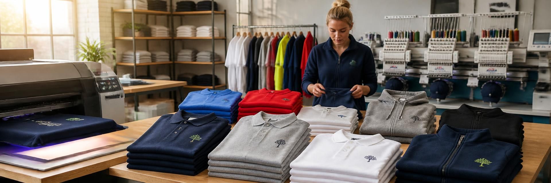 Embroidered and printed garments being prepared in the WorkWear4U workshop